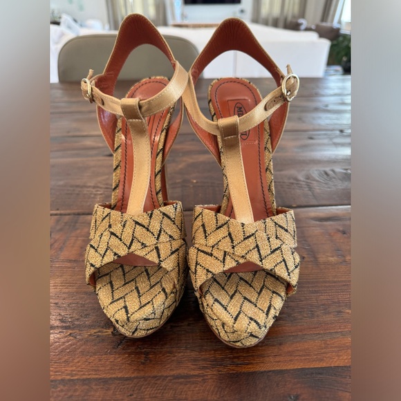 Missoni gold & black satin/knit textile T strap platform stilettos. Size 38. EUC - Picture 2 of 8